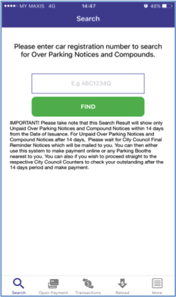 4. Enter the vehicle registration number to search for any unpaid Over Parking Notices and Compounds.